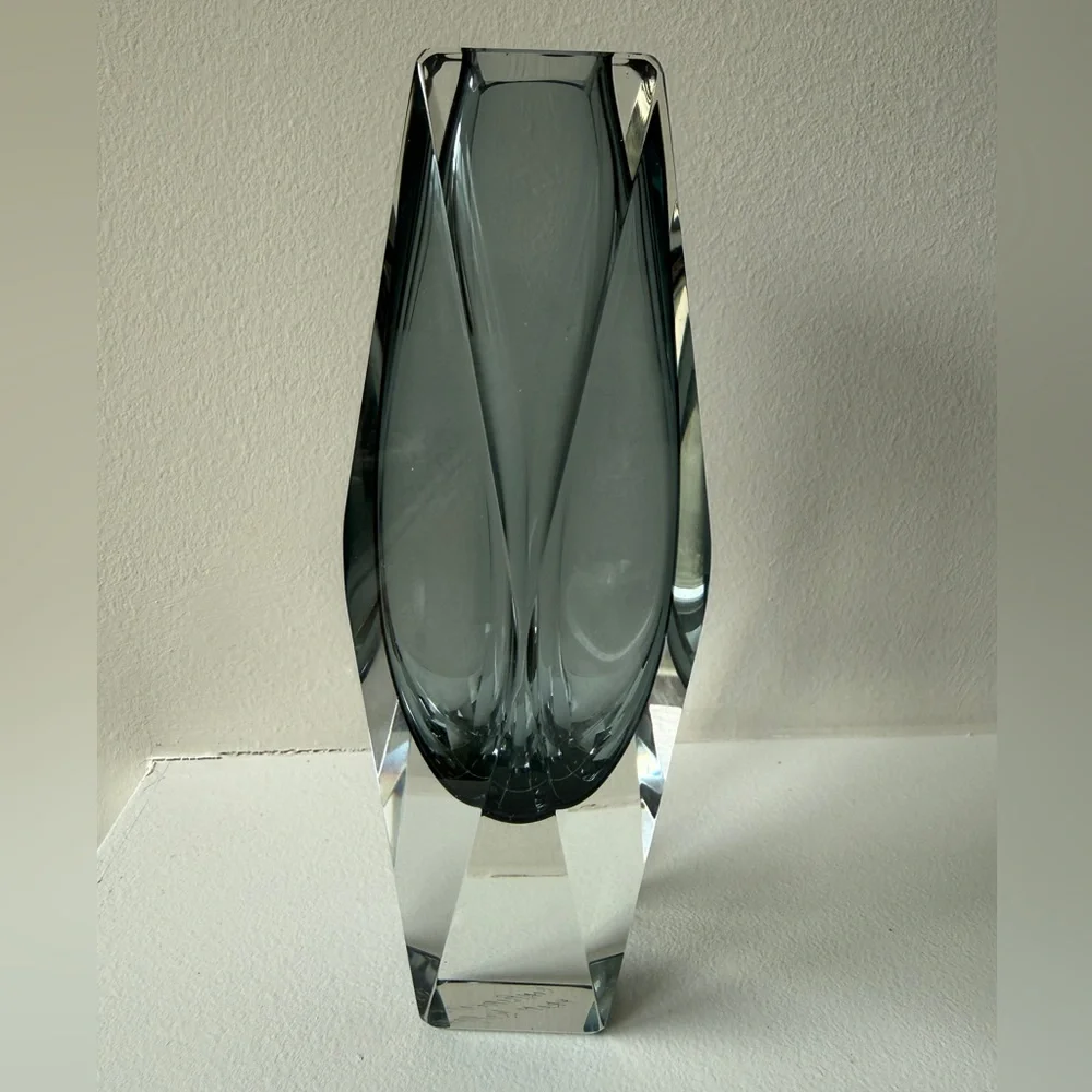 Vintage MCM Murano Style Sommerso Faceted Smoky Glass Vase
